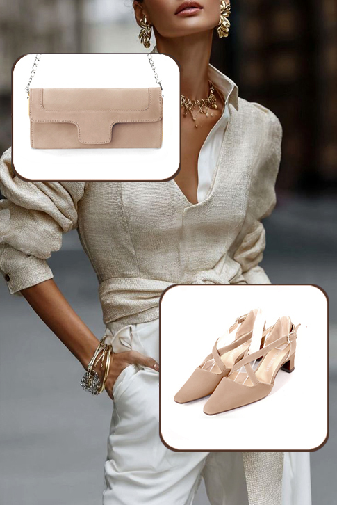 Dress heels closed-back crossed straps in biscuit beige leather with kitten heels and tapered toe - Worn view